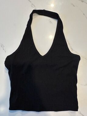 Fashion Nova Black Ribbed V-Neck Halter Crop Tank